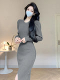 Zingj New Autumn And Winter Style High-Necked Bubble Sleeve Knitted Dress With Buttocks Temperament And A Medium-Length Dress With Forked