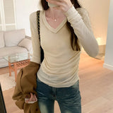 Slim, V-Collar, Straight Shoulder, Long-Sleeved T-Shirt, New Autumn Pleated Blouse, Solid Color Bottomed