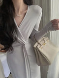 Knitted V-neck Midi Dresses for Women 2023 Autumn Elegant Party Fashion Split Korean Casual Long Sleeves Female