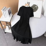 Two-Color Short-Sleeved Pleated Irregular Dress In