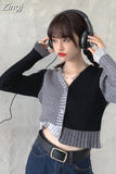 Cardigan Women Vintage Patchwork Harajuku BF Sexy V-neck Slim Sweaters Spring Autumn Long Sleeve Harajuku Fashion