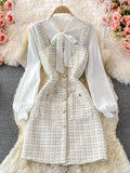 Women Two Piece Set 2023 Korean Fashion Bowtied Collar White Blouse And Spaghetti Strap Single Breasted Mini Tweed Dress