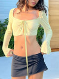 Aesthetic Crop Top Summer Women Mesh Long Sleeve T Shirt Lace Up Bandage Clothes y2k Clothes Casual Grunge
