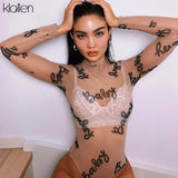 2021 Summer Sexy Letter Print Transparent Mesh Bodysuits Long Sleeve See Through Baby Bodycon Rompers Women