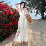Zingj First Love Foreign Gas Lace Hollow Out Sexy Big Dew Back Deep Collar Long Money Big Place Dress Sanya Seaside