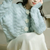 Blue Knitted Rose Buttoned Cardigan- Outfit