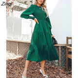 PETAL Green Smocked Long Sleeve Maxi Dress For Women Round Neck Long Sleeve Party Dress 2023 Autumn Winter Female