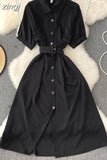 Vintage Green/Blue/Red Turn-Down Collar Single Breasted Dress Casual Short Sleeve High Waist A-Line Midi Robe New