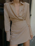 Spring Padded Shoulder Long Sleeve Fashion Female Shirt Dress Woman Elegant Sexy Ruched Casual Party Dresses for