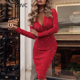 Women Elegant Wrap Deep V Neck Long Sleeves Glitter Skinny Above-knee Red