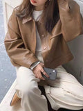Vintage Lapel Neck Pocket Loose Short Leather Jacket- Outfit