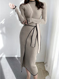 Stand Collar Contrast Bandage Long Sleeve Women Knitted Dress Autumn Korean Fashion Casual Knit Bodycondresses