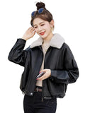 Fur Collar Plus Velvet Coat Women 2025 Winter New Small Loose PU Locomotive Jacket