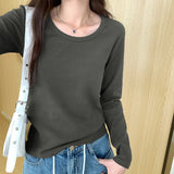 Color U-Collar Long-Sleeved T-Shirt Women's Early Autumn New Loose-Fitting Short Top Threaded Cotton Bottomed
