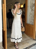Women Holiday Contrasting Ruffles Sleeveless Maxi Dress Chic Square Collar Flying Sleeve Slim Dresses Lady Vacation Beach