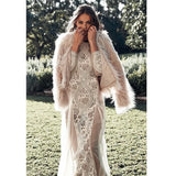 2021 Summer Women Long Party Dress Vintage Long Sleeve Floor Length Sexy Backless White Lace Maxi