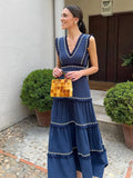 Ethnic Style Printed Long Dress Women Fashion Flying Sleeve V-neck Rruffles Vestidos Female Summer Chic Holiday