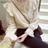 Women Apricot Newly Lace Ins Sweet Fashion Design Spring Flare Sleeve BF Lovely O-Neck Classy Female Solid Slim