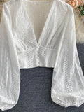 Hollow Out Women's Blouse Elegant Deep V-Neck Slim Short Shirts Female Puff Long Sleeve White Tops Autumn 2023 Blusas