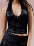 Sexy Women Satin Halter Mini Vest Lace Trim Front Bowknot V-Neck Backless Cropped Camis Off Shoulder Party Tank