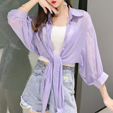 Woman Blouses Sparkles Shinning Chiffon Shirts Button Up Women's Blouse shirts Tied Up Waist Transperant