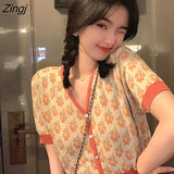 Women Floral Knitting V-neck Vintage All-match Short Female Clothing Thin Single Breasted Crop Sweater Elegant