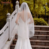 YouLaPan V107 Wedding Veil with Crystal Edge Elbow Length Wedding Veil with Partial Trim Single Tier Beaded Edge Bridal