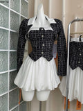 Elegant Tweed 2 Piece Dress Set Black Short Blazer Coat Sweet Y2k Mini Dresses Women Autumn Fashion Suit OL