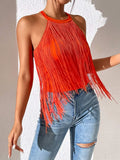 Women's Hot-Selling Solid Color Sleeveless Neck Top Ladies' Fashionable Tassel Beach
