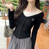 Spice Girls Embroidered Shoulder-Exposed Fake Two Pieces Of Sling Thin Style Long-Sleeved Sweater New Style Short Blouse For Women In Early