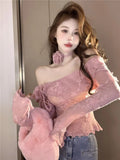 Hot Girl Flare Sleeved Sweater Women's Autumn and Winter Off Shoulder Slash Neck Knitted Pullover Fashion Female