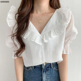 Summer Ruffled Lapel Chiffon Shirt Women Blouses Korean Style Elegant Sweet Puff Sleeve Tops Female Blusas