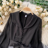 Spring Shirt V-neck Puff Sleeve Strap Slim Cropped Top Single Breasted Female Bandage Blouse