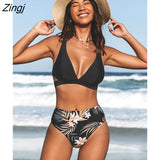 Cross Back & Floral Print High Waist Bikini Set For Women V-neck Two Pieces Swimsuit 2023 Beach Swimwear Bathing