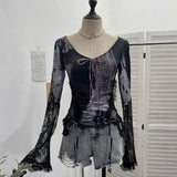 Lace Splicing Long-Sleeved T-Shirt Women's Bow Strap Hollow Irregular Blouse