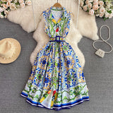 Summer Runway Shirt Dress Women's Notch Collar Sleeveless Blue And White Porcelain Print Lace-Up Belt Pleated Midi