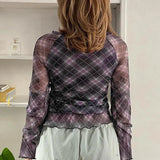 Girl Style Bowknot Splicing V-Neck Slim Checkered Mesh T-Shirt 2023 Autumn New Style Vintage