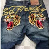 Autumn New Tiger Pattern Printed Jeans Men's High Street Fashion Slim Straight