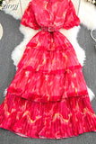 Women Vintage Tie Dye Printed Ruffle Pleated Long Dress Purple/Red/Blue/Green Stand Collar Single Breasted Maxi Robe