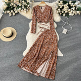 Zingj And Autumn Holiday Style Vintage Flower Suit Women's Long-Sleeved French Thin V-Neck Blouse + Forked Skirt Two