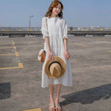 French Romantic White Dress Lace Hollow Gentle Loose Mid-Length Korean Dress All-match Women's cool