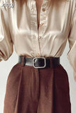 Long Sleeve Blouses Women Tops 2023 Vintage Blue Green Silk Shirt Casual Loose Button Up Female Shirts Fashion Tops