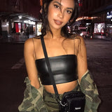PU Leather Soild Camisole Femme Slash Neck Ladies Streetwear Crop Top Chic Ring Straps Bodycon Black Skinny Camis