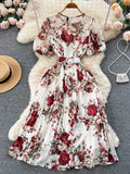 Bohemian Women Floral Print Pleated Midi Dress Elegant Round Neck Puff Sleeve High Waist A-Line Draped Beach Vestidos