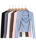 New Fashion Spring Women's Clothes Solid Skinny Sexy Tops Lust Fake Two Long Sleeve Deep Square Collar