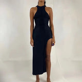 Women Summer Patchwork Bodycon Solid Color Sleeveless Split Long Tank Dress 2021 Female Clothing Streetwear