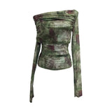 Tie-Dye-Print Mesh Folded Long-Sleeved T-Shirt With A Word-Collar Slanted Shoulder-To-Back Short Top