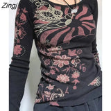 Women Slim Fit Basic Tshirt Autumn Casual Vintage Print Long Sleeve Round Neck Ribbed Tops Club