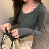 U-Collar Long-Sleeved T-Shirt Women's New Autumn Design Sense Of Niche Slim Bottomed