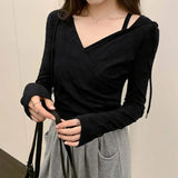 V-Necked, Shoulder Padded, Long-Sleeved T-Shirt With New Autumn And Winter Waist And Short Style Lazy Wind
